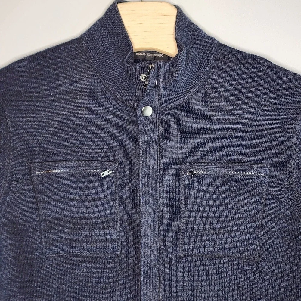 Banana Republic Navy Black Full Zip Button Mock Neck Sweater‎ Jacket Size XL